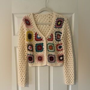 NWOT Women’s Granny Square Crochet  Cardigan Sweater Patchwork Boho Hippie Sz M.
